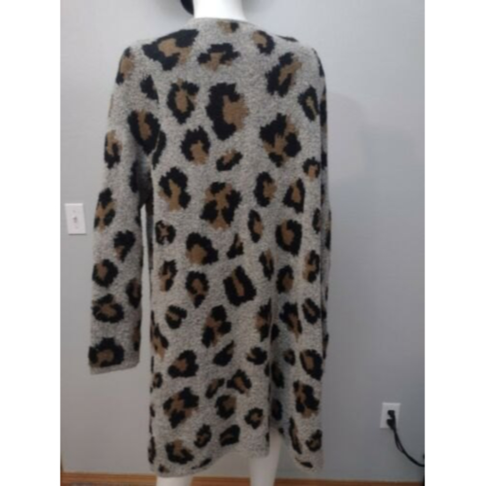 Leopard Print Open Front Cardigan - Gray/Tan - Picture 2 of 4